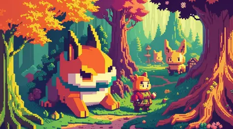 pixelart, retro,mystical forest, detailed, pixel style, amazing landscape, beautiful, high quality, masterpiece, fantasy, magical, creatures, cute monsters, pixel art, pixel, voxel, 8-bit, 16-bit, isometric, game asset, game character, stardew valley, mapl...