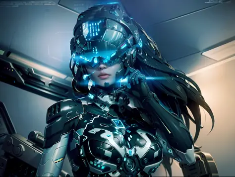 ((best quality)), ((masterpiece)), (highly detailed:1.3), 3d,rfktr_technotrex, beautiful cyberpunk woman with voluminous hair, h...