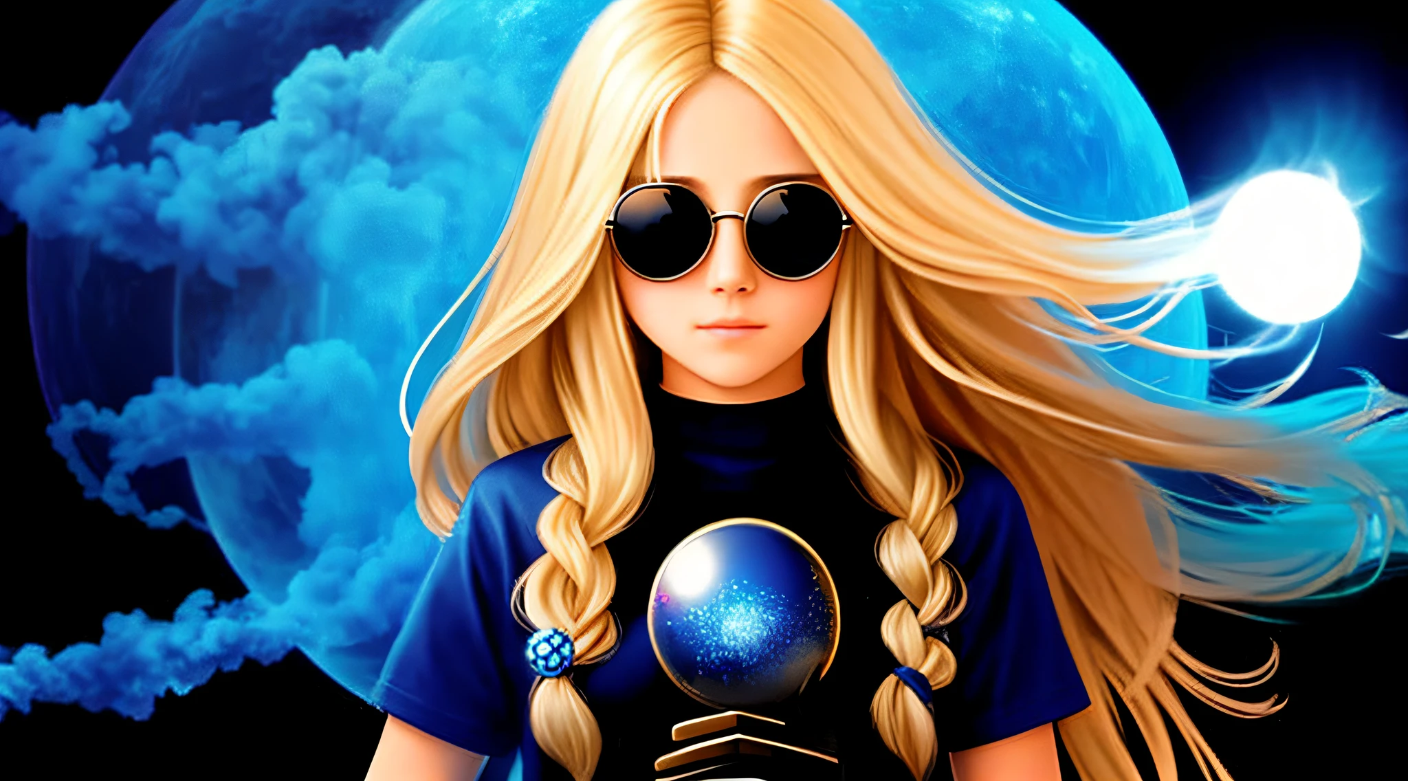 (Blackholeengine:1), 14-YEAR-OLD GIRL WITH SUNGLASSES, WITH LONG BLONDE HAIR, holding a blue ball in her hands with smoke,