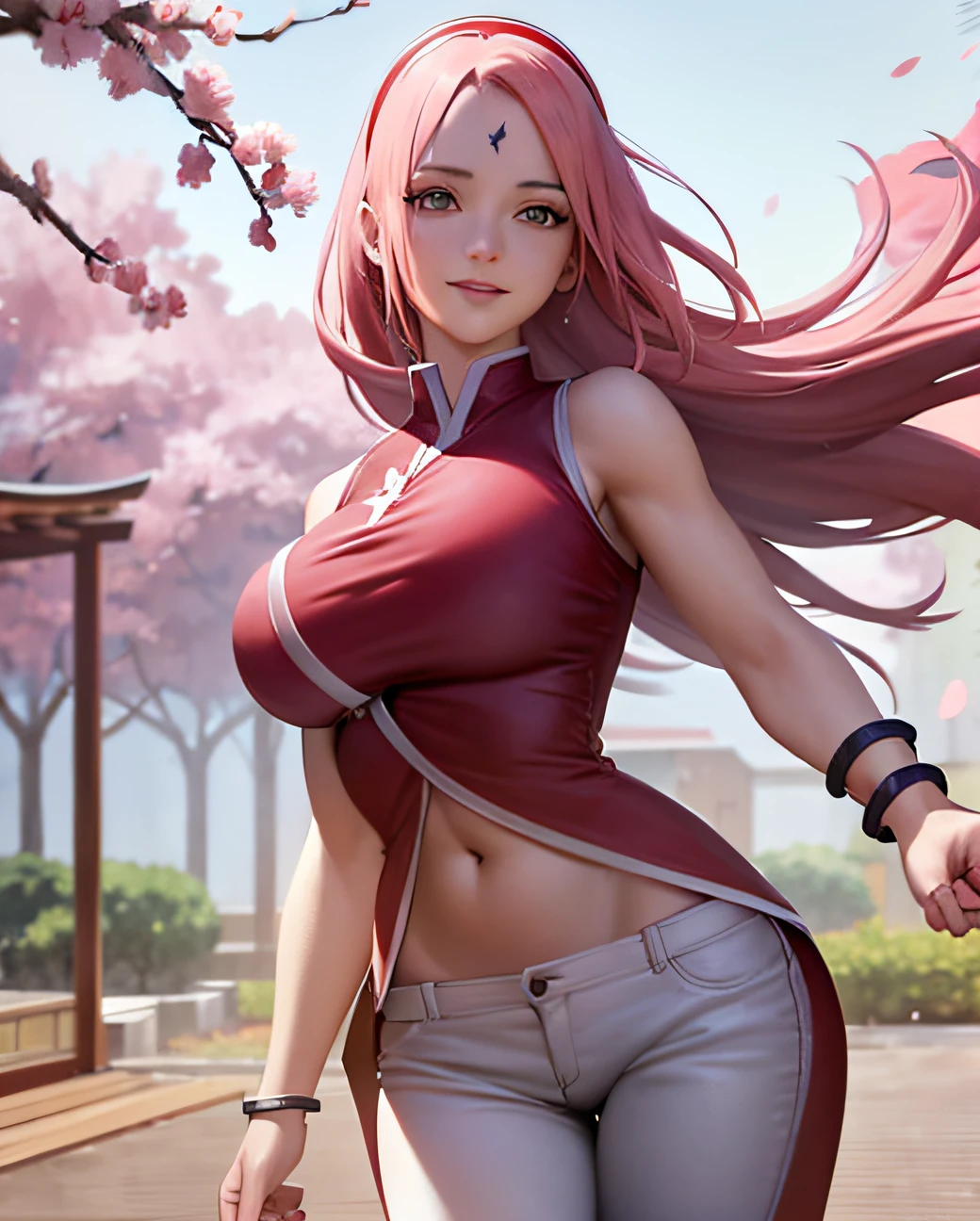 Realistic, Photorealistic,cowboy shot,masterpiece, absurdres ,1girl, haruno sakura, forehead mark, red hairband, red sleeveless dress, white pants, navel, groin, bracelet, looking at viewer, smile, cherry blossoms, private garden, wind, floating hair, large breast ,(((wide hips))), toned body, detailed eyes,