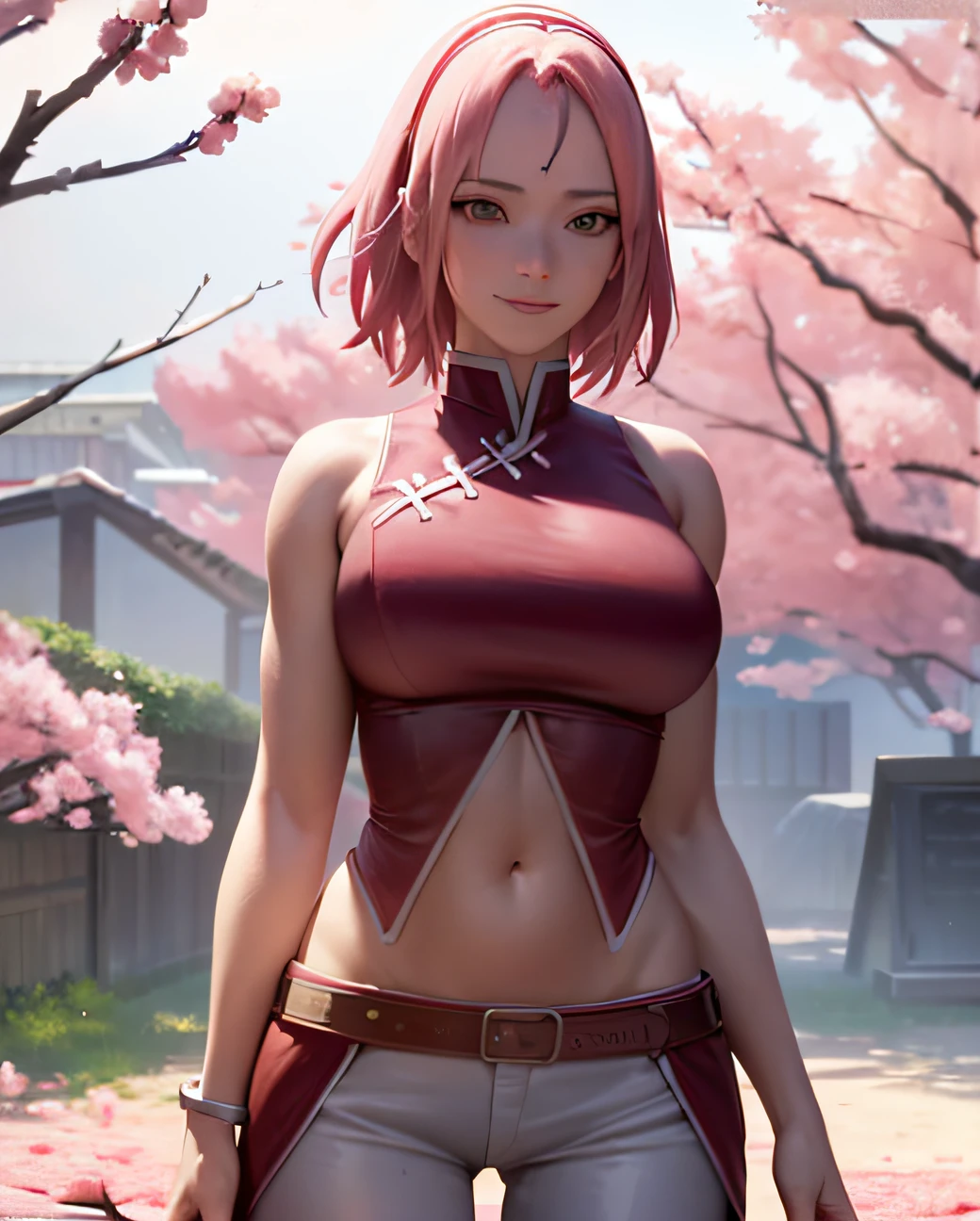 Realistic, Photorealistic,cowboy shot,masterpiece, absurdres ,1girl, haruno sakura, forehead mark, red hairband, red sleeveless dress, white pants, navel, groin, bracelet, looking at viewer, smile, cherry blossoms, private garden, wind, floating hair, large breast ,(((wide hips))), toned body, detailed eyes,