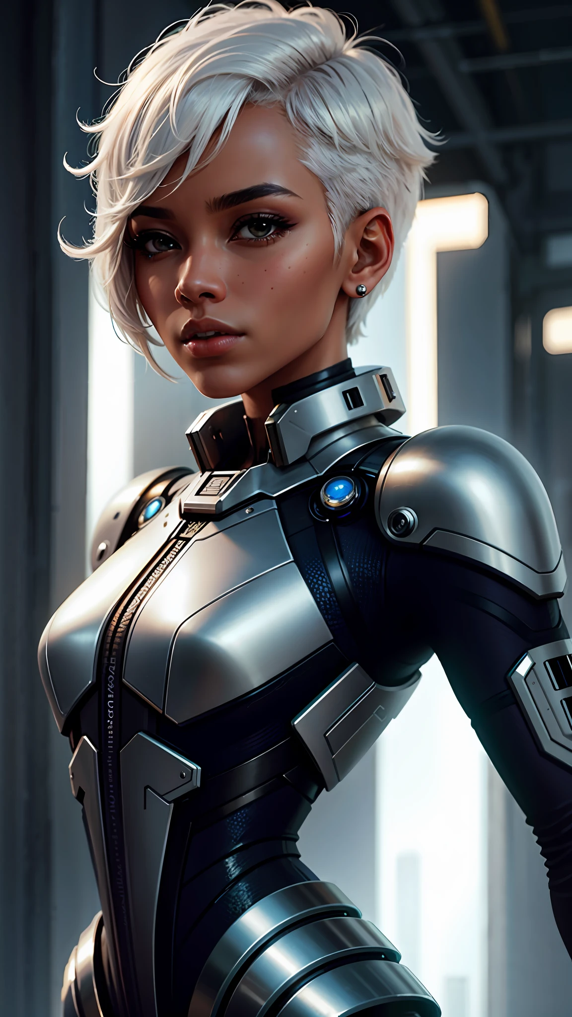 un gros plan d&#39;une femme aux cheveux très courts, art numérique inspiré par Eve Ryder, tendance sur la société cg, afrofuturisme, cyborg - fille aux cheveux argentés, fashionable Futuriste woman, image fixe d&#39;un cyborg cool, Ross Tran 8K, Futuriste, Futuriste hairstyle, Futuriste look