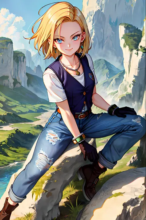 masterpiece, best quality, ultra-detailed, absurdres, Portrait of beautiful Android18DB, solo, earrings, jewelry, denim, smile, ...