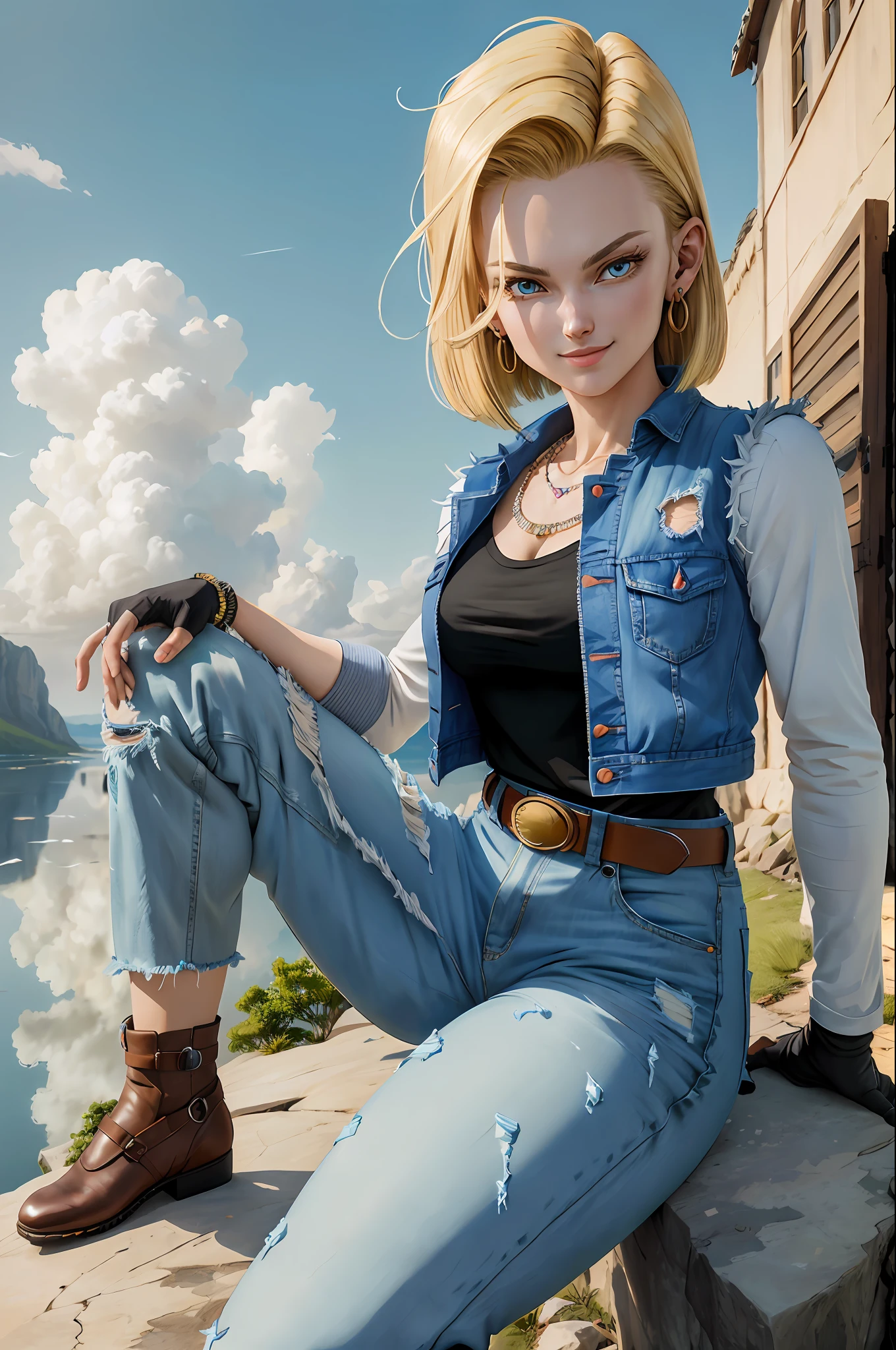 masterpiece, best quality, ultra-detailed, absurdres, Portrait of beautiful Android18DB, solo, earrings, jewelry, denim, smile, belt, vest, cloud, sky, day, pants, outdoors, gloves, necklace, jeans, rock, sitting, sitting_on_rock, volumetric lighting, best quality, masterpiece, intricate details, tonemapping, sharp focus, hyper detailed, trending on Artstation,