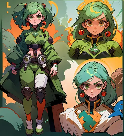 anime character with green hair and green eyes and a green outfit, character artwork, official character art, cushart kenz, rogue anime girl, character profile art, great character design, high quality character design, interesting character design, knight...