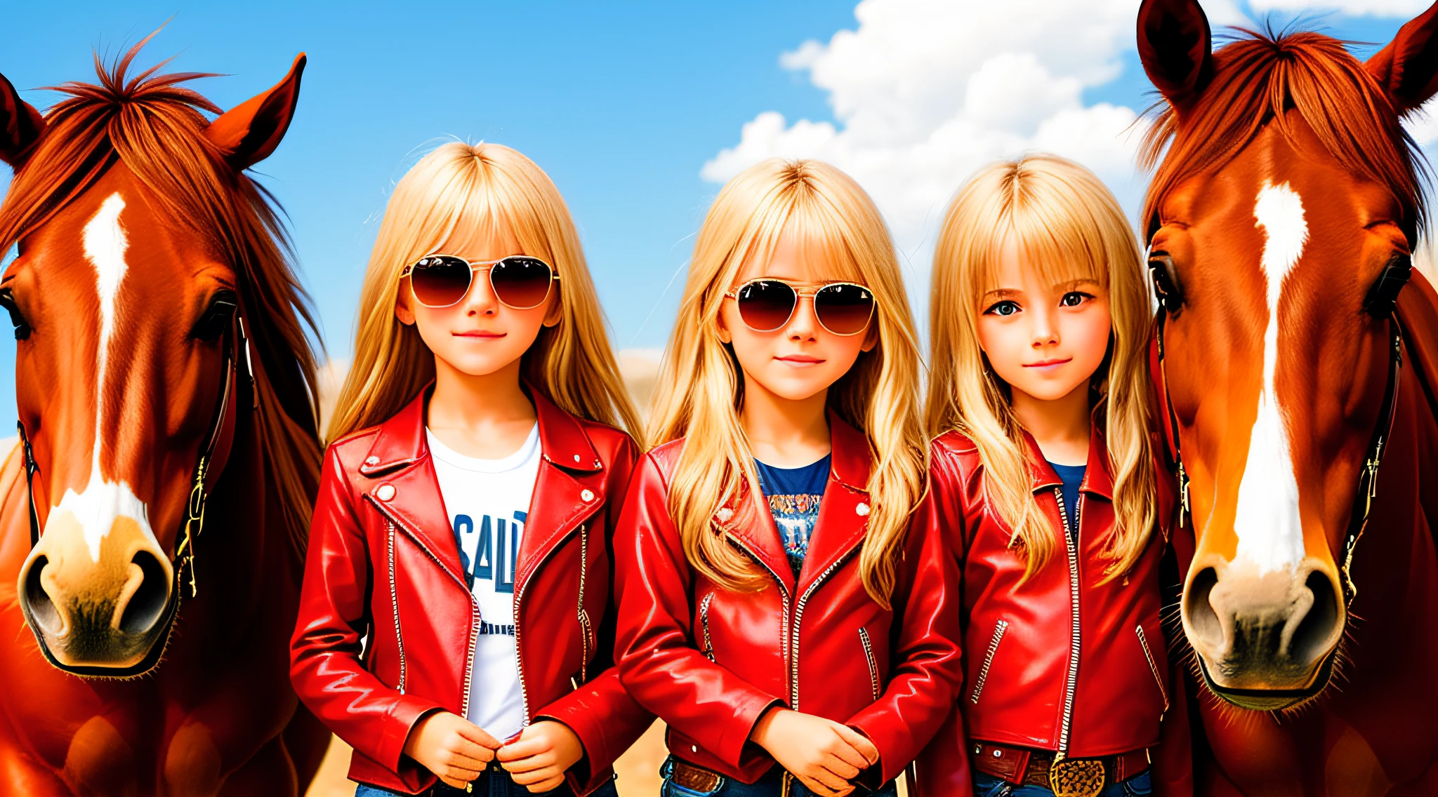 Fri, 19:42
You sent
A half-body, portrait of 3 German child girls long blonde hair of 12 years, red leather jackets, sunglasses, a horse and exudes confidence, a cowboy hat pulled over his eyes. Wild West with a touch of modern style.