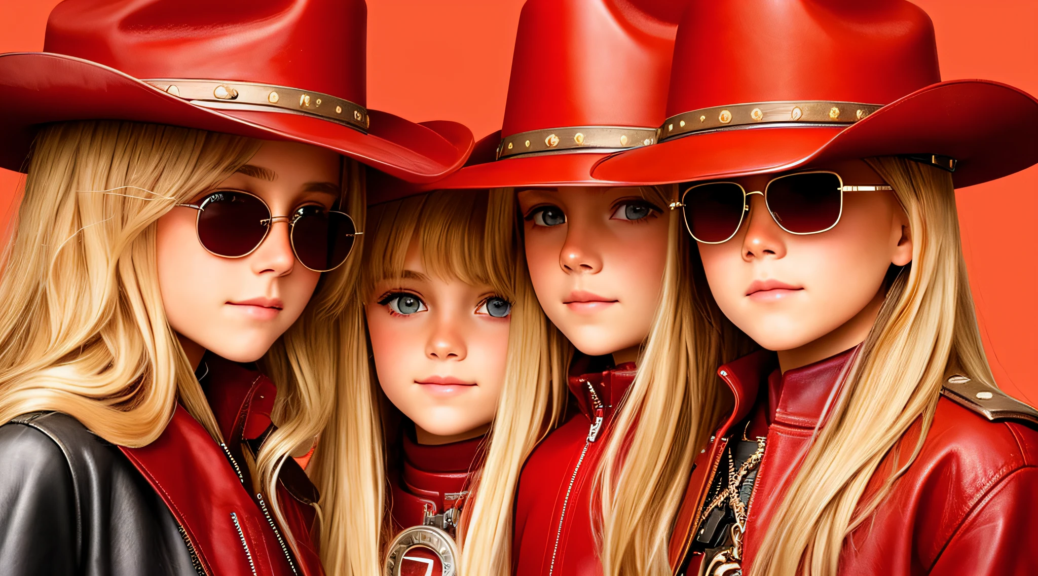 A half-body, portrait of 3 German child girls long blonde hair of 12 years, red leather jackets, sunglasses, a horse and exudes confidence, a cowboy hat pulled over his eyes. Wild West with a touch of modern style.