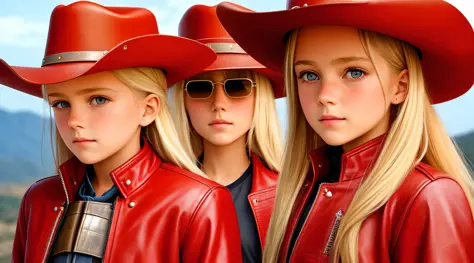 a half-body, portrait of 3 german child girls long blonde hair of 12 years, red leather jackets, sunglasses, a horse and exudes ...