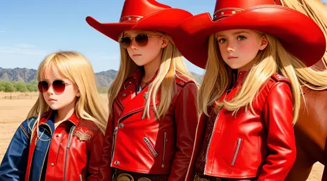 a half-body, portrait of 3 german child girls long blonde hair of 12 years, red leather jackets, sunglasses, a horse and exudes ...