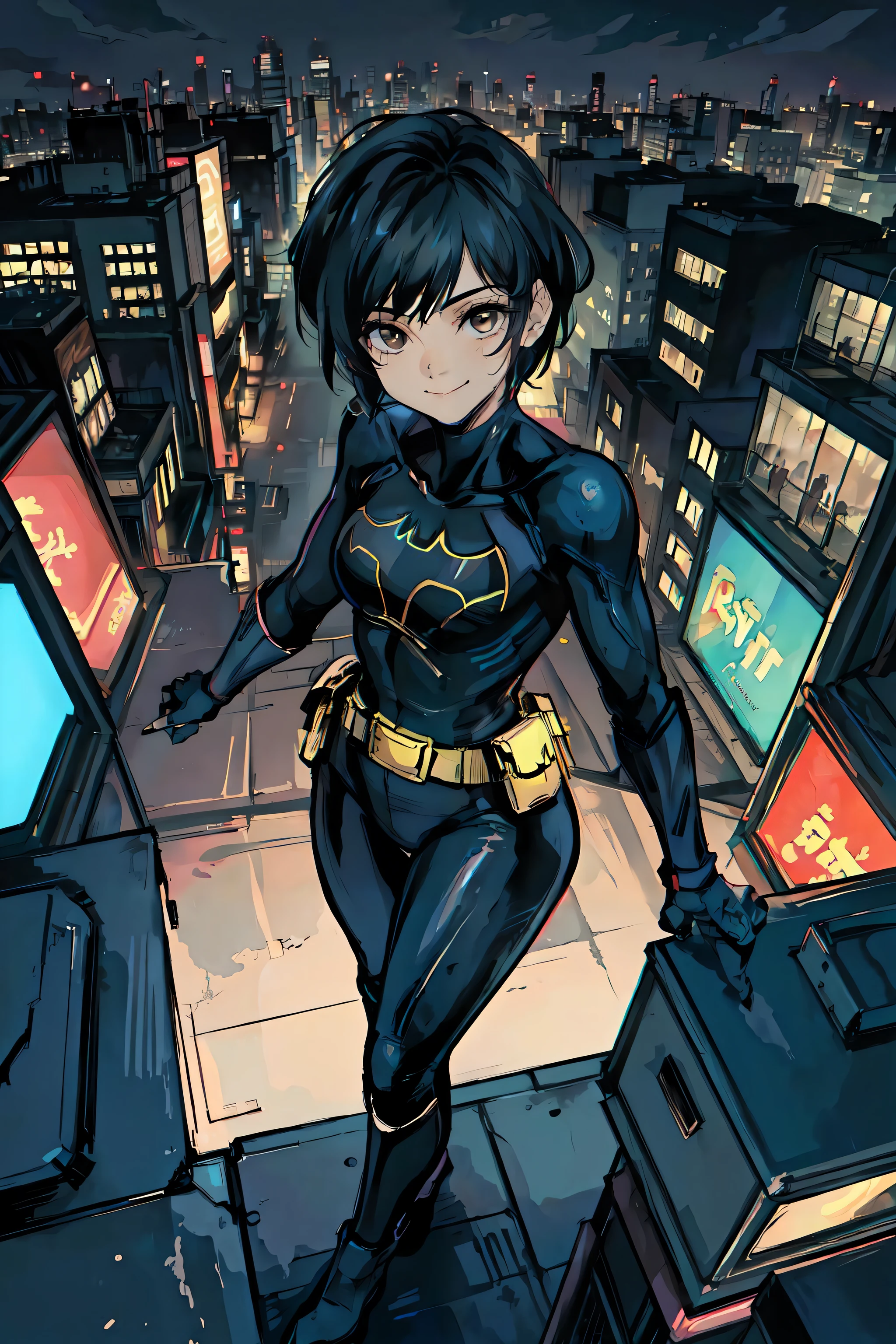 (obra de arte, melhor qualidade),1 garota, Sozinho, cassandra cain, terno de batgirl, Cabelo preto, Olhos castanhos, sorriso,
cidade de akihabara, dos mortos,  noite,  de cima, Telhado em pé, sinal de neon, Centro de jogos,