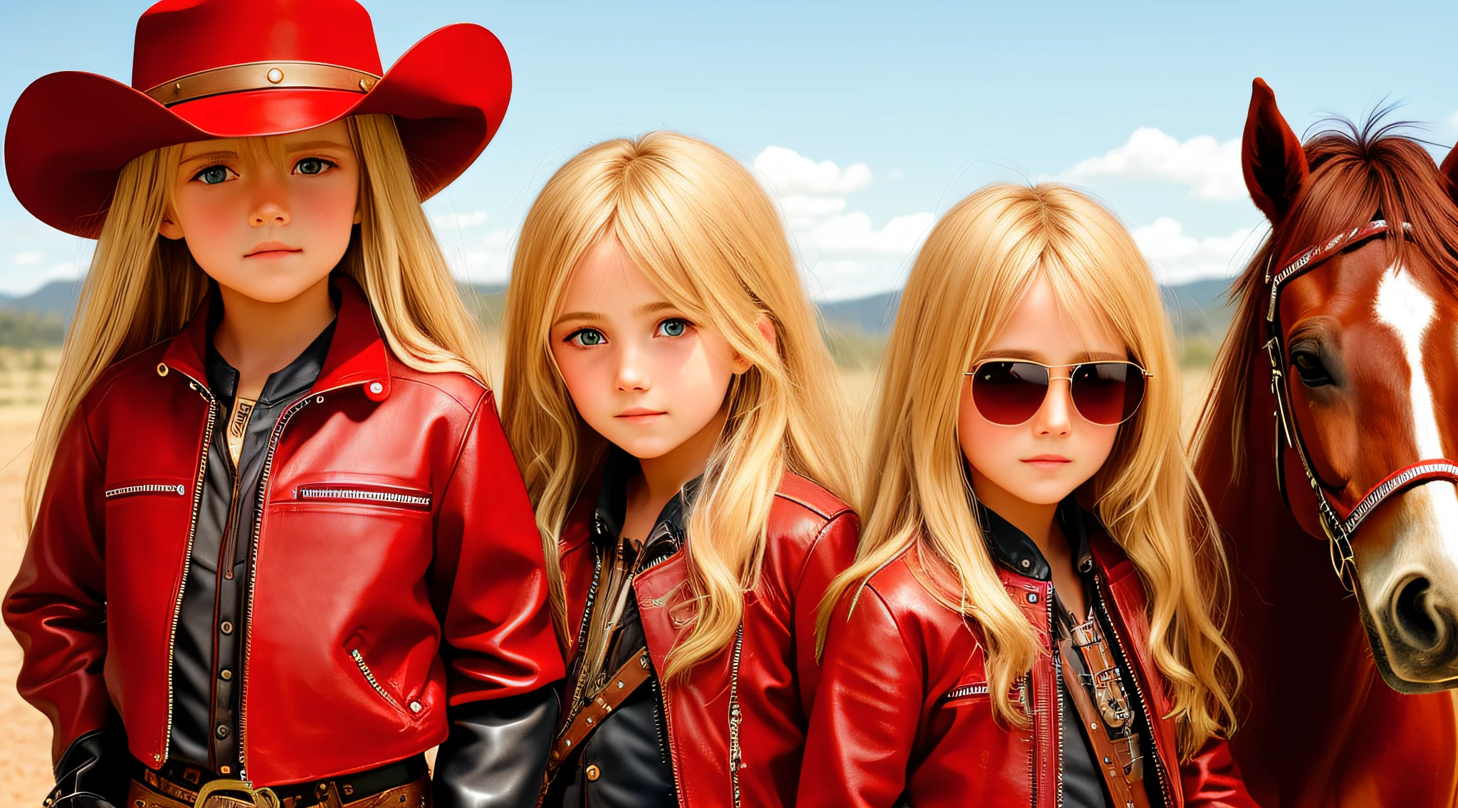 A half-body, portrait of 3 German child girls long blonde hair of 12 years, red leather jackets, sunglasses, a horse and exudes confidence, a cowboy hat pulled over his eyes. Wild West with a touch of modern style.