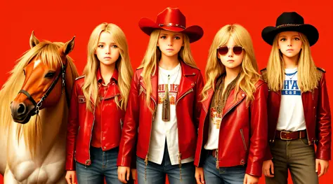 a half-body, portrait of 3 german child girls long blonde hair of 12 years, red leather jackets, sunglasses, a horse and exudes ...