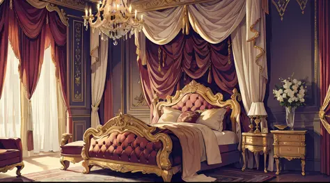 Royal Bedroom, Opulent and luxurious, fit for royalty, High quality, grand four-poster bed with intricate carvings and luxurious drapes, Exquisite tapestries depicting historical events adorning the walls, Rich, velvet curtains framing tall windows that ov...