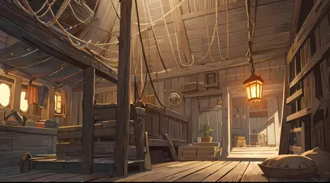 Pirate Ship Interior, Weathered and rugged, with a hint of adventure and danger, High quality, wooden planks and beams adorned with nautical details, Dimly lit, with flickering lanterns and scattered rays of sunlight breaking through portholes, Crowded spa...