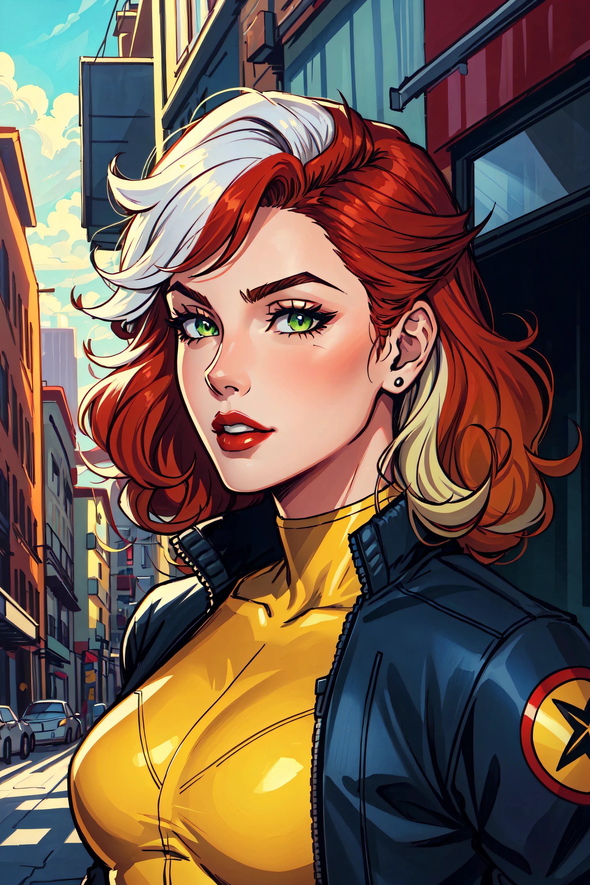 masterpiece, best quality, 1girl, red lips, solo, bomber jacket, green eyes, green and yellow body suit, curly hair, multicolored hair, white hair, red hair, auburn hair, two-tone hair,ombre , Rogue of the X-men, Anna Lebeau, bangs, side lighting, skiny skin, portrait, superhero,best illustration, city background,