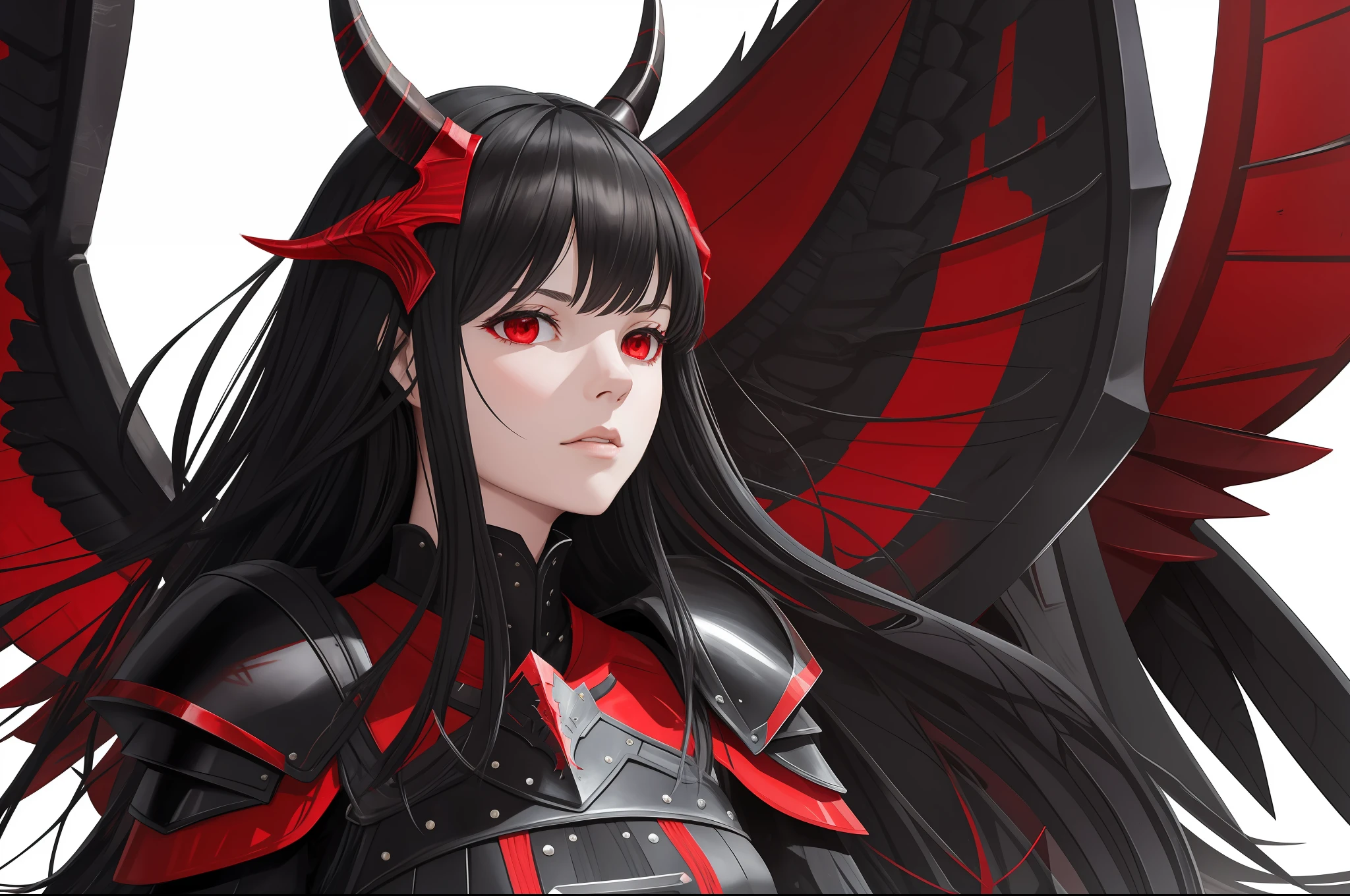 woman, black wings, horns, red armour,