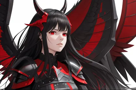 woman, black wings, horns, red armour,