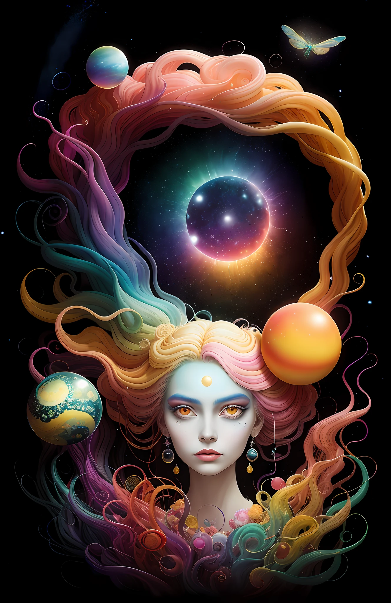 colorpop style, photo photo portrait of the sun surrounded by orbiting planetary moons, blonde pointy hair, natalie shau, mark ryden, alberto seveso, brooke shaden, anna dittmann, flora borsi, 8k resolution, perfect composition, milky way, rainbow color, flying insects, scales, wings, blue, texture, complex, gorgeous, shadow, pastel colors, 3d, Highly detailed, decorated in style, Tim Burton, Dale Chihuly, Xiaolongcheng, Cyril Rolando, by J. Gigue