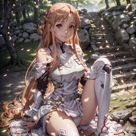 realistic, (asuna), (asuna stacia) \(sao\), 1 girl, (guild outfit), white cloth, blonde hair, brown eyes, (belt), sitting, smiling, (best quality), (highres), photoshoot, (deep depth of field), (4k uhd), physics-based rendering, beautiful female, perfect s...