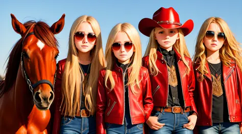 a half-body, portrait of 3 german child girls long blonde hair of 12 years, red leather jackets, sunglasses, a horse and exudes ...