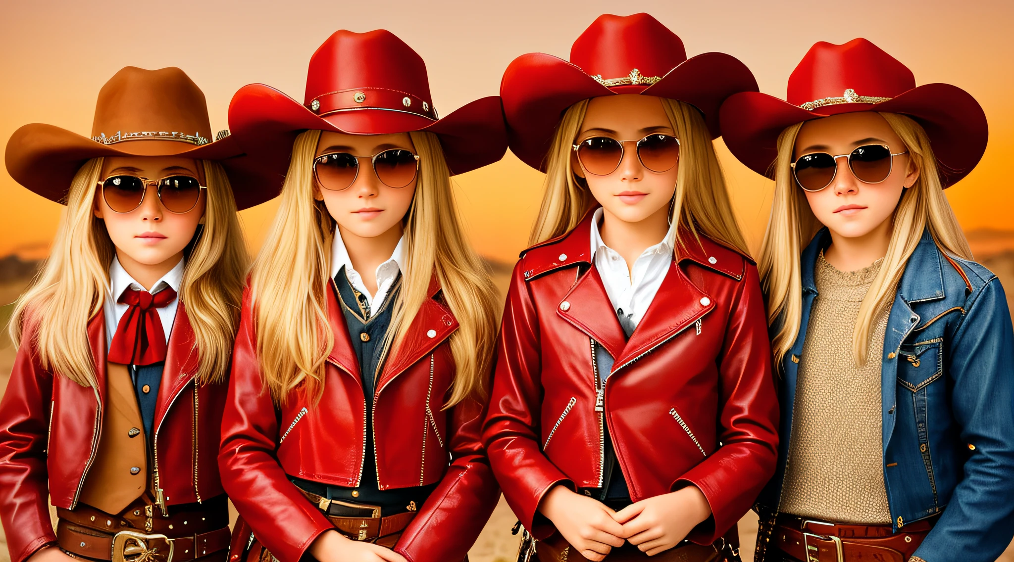 A half-body, portrait of 3 German child girls long blonde hair of 12 years, red leather jackets, sunglasses, a horse and exudes confidence, a cowboy hat pulled over his eyes. Wild West with a touch of modern style.