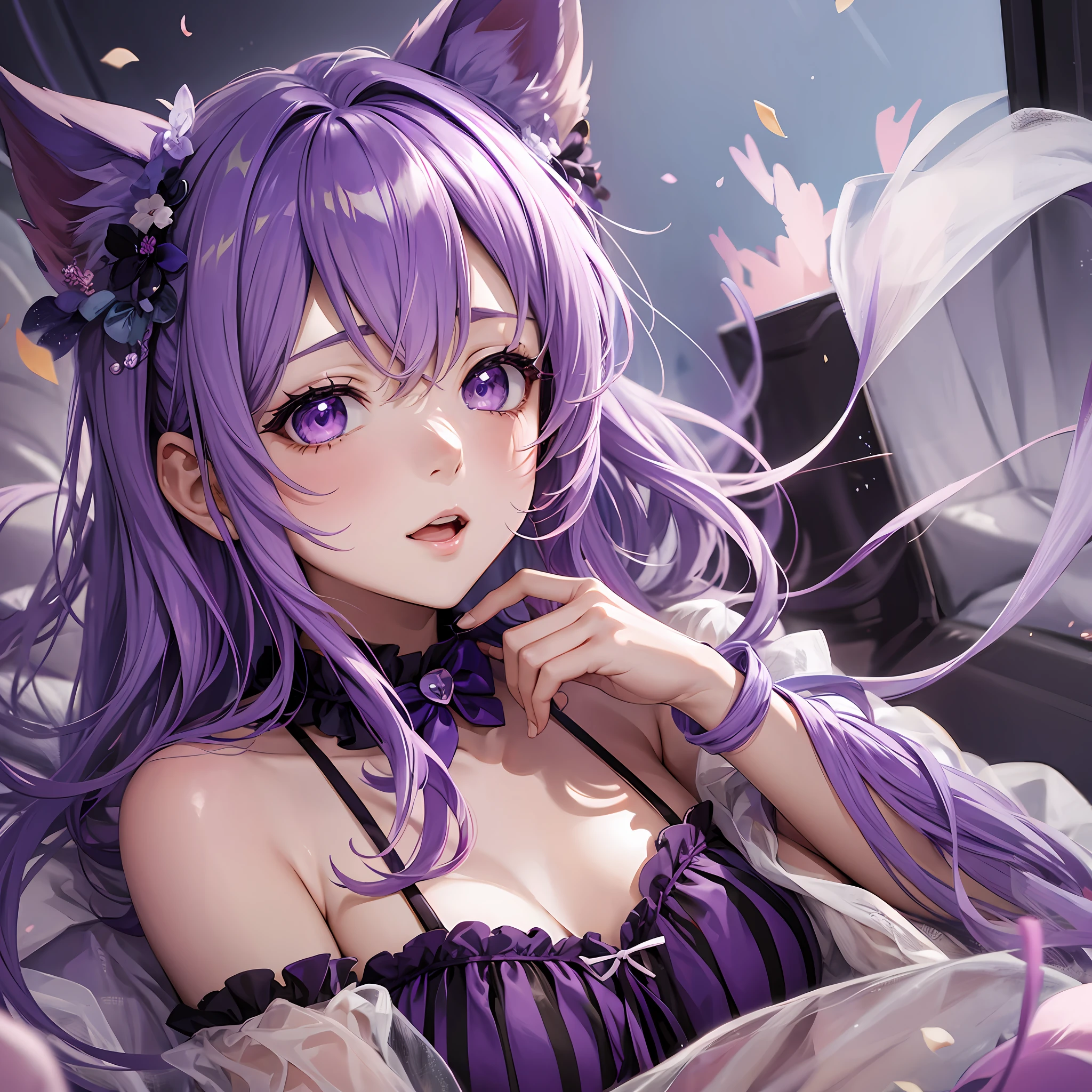 Anime girl with purple hair and purple dress sitting in a car - SeaArt AI