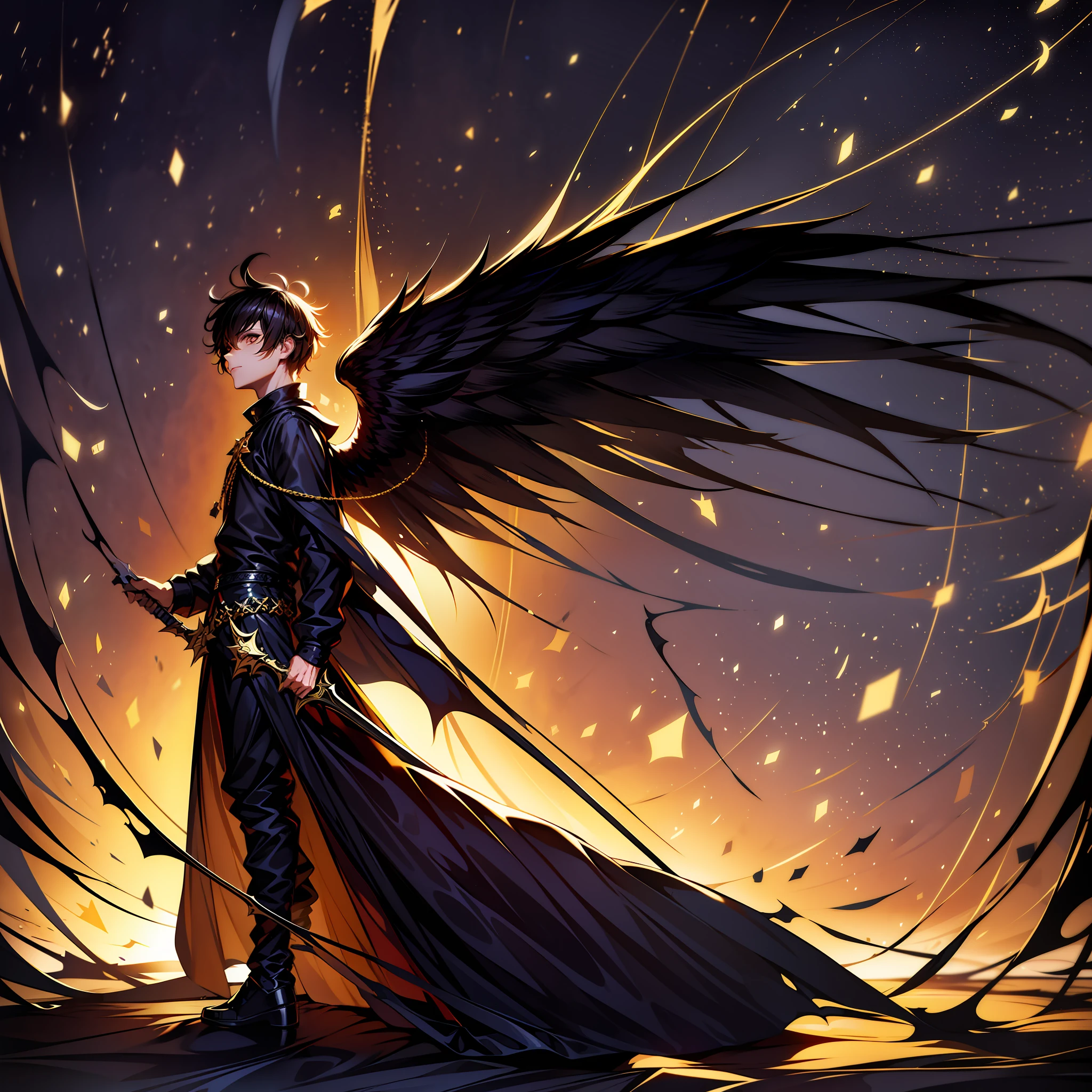 Draw a boy with a sword in his hand Golden Clothing Magic wrapped around his body and black wings with a black crown on his head