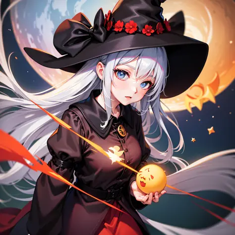 Witch, Coquelicot colors, witch hat, witch clothes, floating in space over earth, masterpiece, best quality