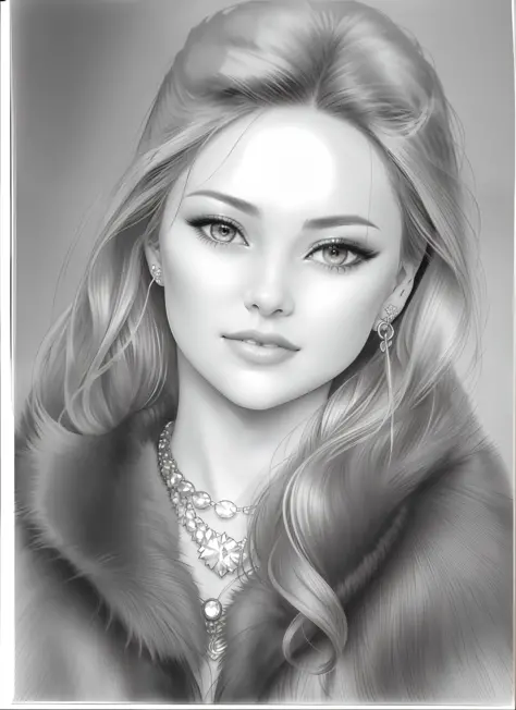 a drawing of a woman with a fur coat and earrings, realistic sketch, realism drawing, portrait of a cute girl, pencil draw, penc...