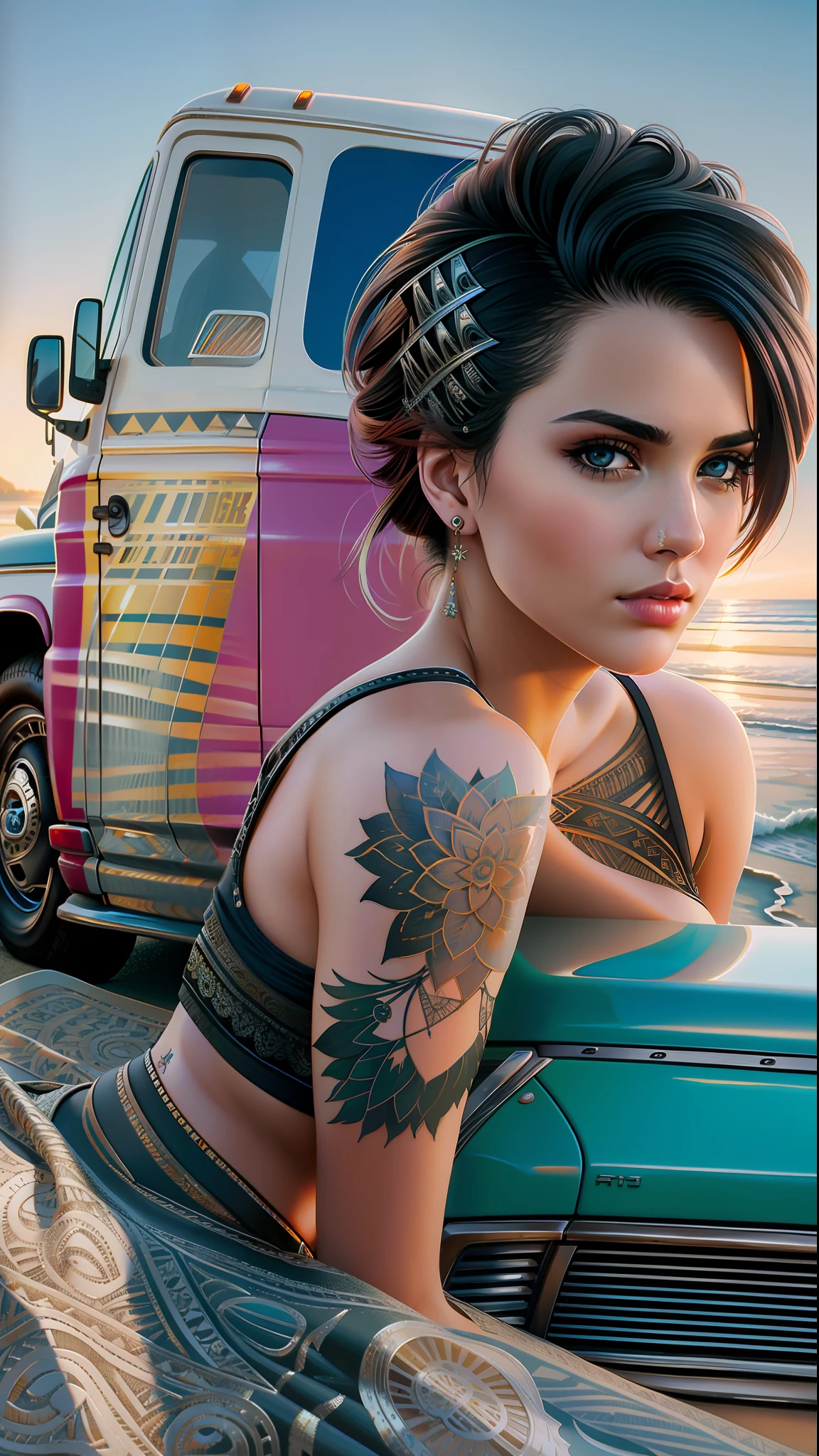 Foto de la obra de arte más bella del mundo con una mujer punk moderna, apoyado contra una camioneta en una playa de California, tendencia en artstation, sociedadcg, Intrincado, Alto detalle, enfoque nítido, dramático, pintura fotorrealista de greg rutkowski