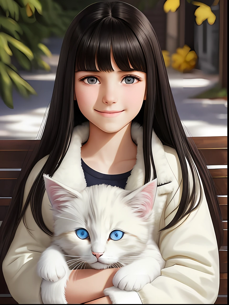 一名 13 歲膚色的白人女孩，留著黑色長直髮和瀏海, 淡褐色的眼睛, 用現實的語氣微笑, 穿著蓬鬆的白色夾克，腿上抱著一隻蓬鬆的灰色小貓 --auto --s2