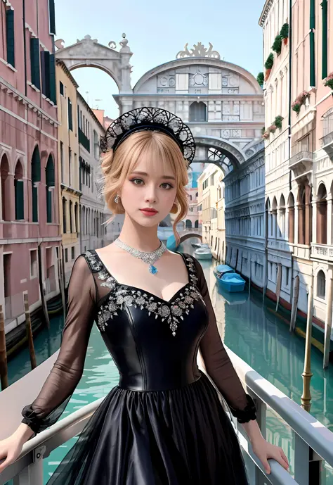 a hyper realistic ultra detailed photograph of a beautiful girl as a female 2020s dancer on the boat of 2020s Venice,(Bridge Of ...