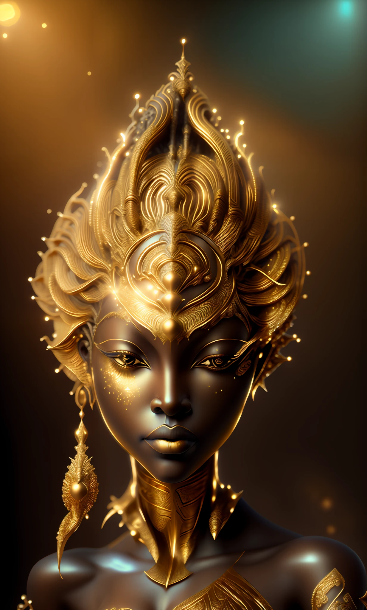 金の頭飾りを身に着けた女性の像のクローズアップ, アフロフューチャリズム, 3 d 女神 portrait, 女神. 非常に高いディテール, アフロフューチャリズム style, ケメティック, アンリアルエンジンレンダリング + a 女神, extremely detailed 女神 shot, 女神 close-up portrait, エピック3Dオシュン, アフロフューチャリズム, アフリカの女王, アフロフューチャリスト