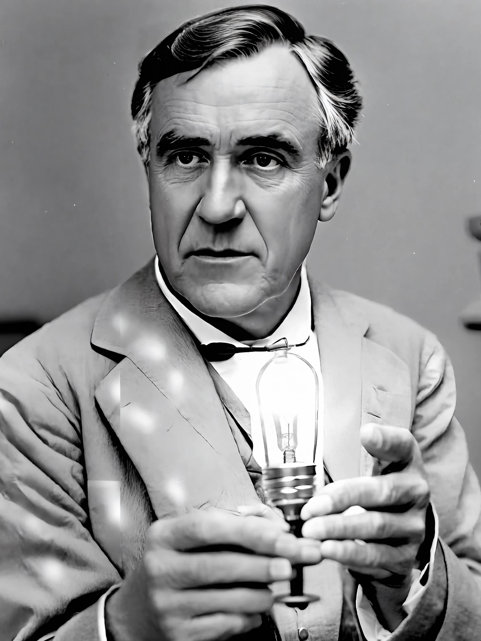 фото Томаса Эдисона, держа в руке зажженную лампу, смотрю в камеру, Портрет, в исследовательской лаборатории, ультра реалистичный, чрезвычайно подробный