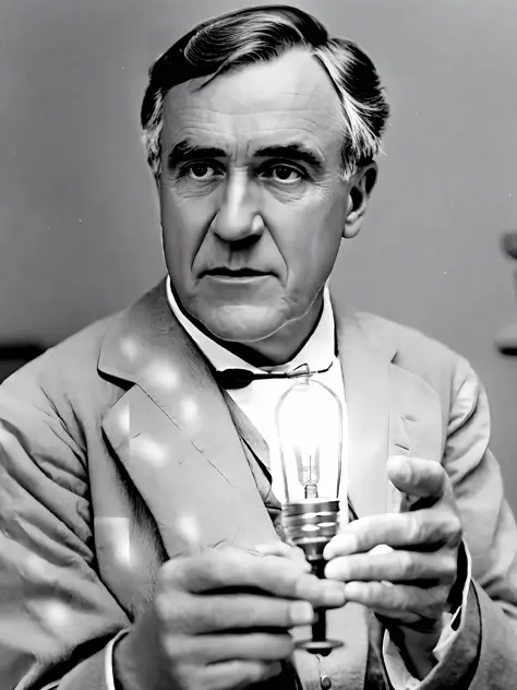 photo of Thomas Edison, holding with his hand a lit lamp, looking at the camera, portrait, in a research laboratory, ultra reali...
