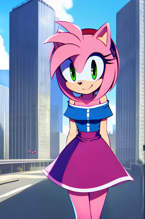 Amy Rose, 1girl, solo, looking at viewer, smile, high-waist skirt, hairclip, t-shirt, city background, off-shoulders