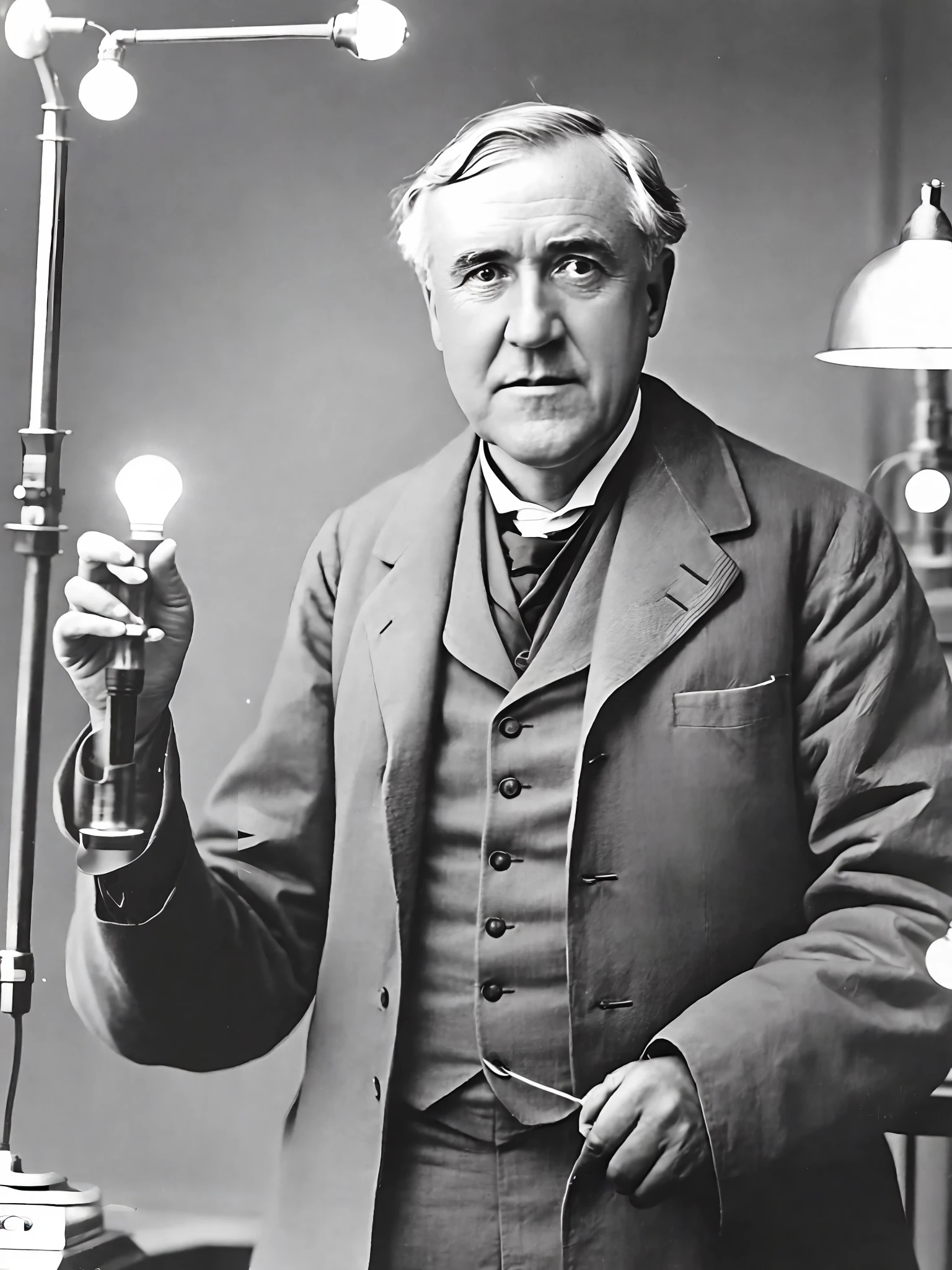 foto de Thomas Edison, segurando uma lâmpada acesa na mão, olhando para a câmera, retrato, em um laboratório de pesquisa, ultra realistic, extremamente detalhado