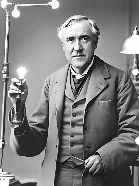 photo of Thomas Edison, holding a lit light bulb in his hand, looking at the camera, portrait, in a research laboratory, ultra r...