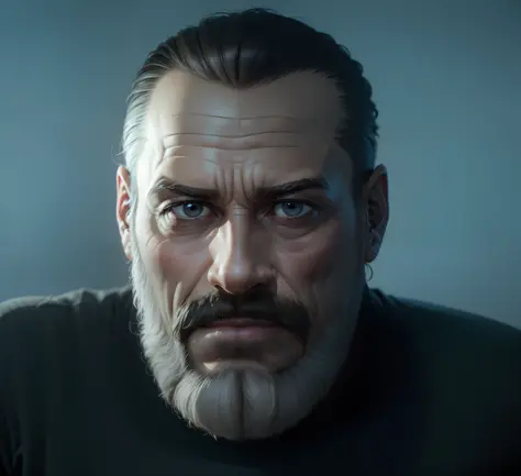 (A man, bearded and mustache, shaved hair, about 50 years old, looking forwardBased on the physical characteristics provided, turn an adult character and a 50-year-old into three-dimensional models using advanced techniques such as ZBrush and 3D rendering....