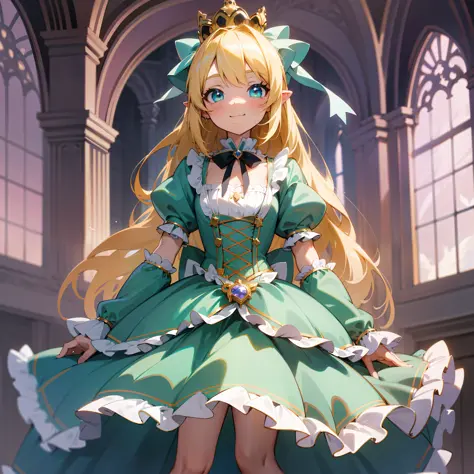 Character sheet, blonde, long hair, shiny hair, crown, ribbon, aqua eyes, different ears, light smile, princess cut, surrealism, rococo style, anime style, 8k, super detail, UHD, 8k, best quality, loli, lolita dress, full body picture, flat chest