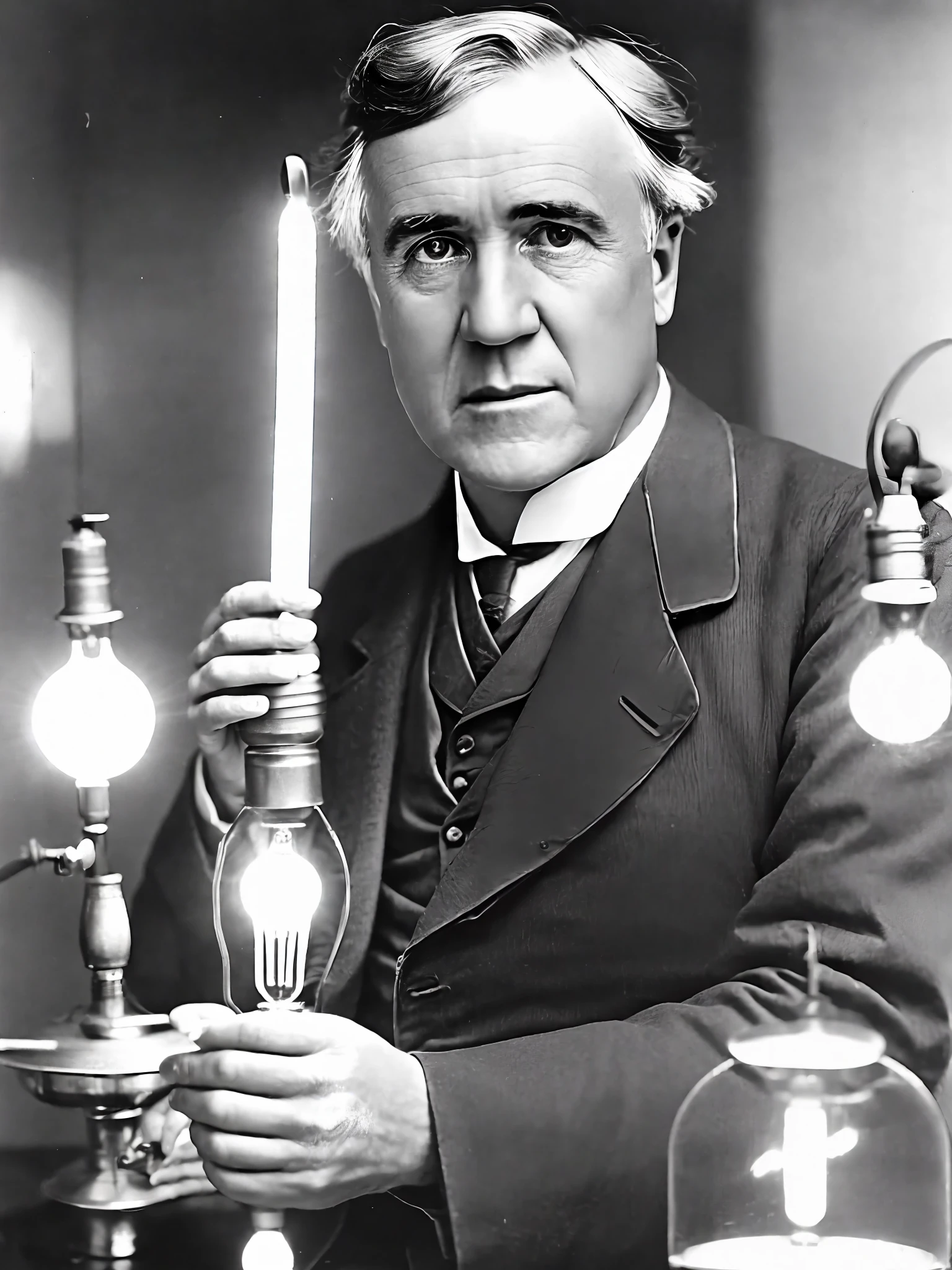 фото Томаса Эдисона, держит в руке зажженную лампочку, смотрю в камеру, Портрет, в исследовательской лаборатории, ультра реалистичный, чрезвычайно подробный