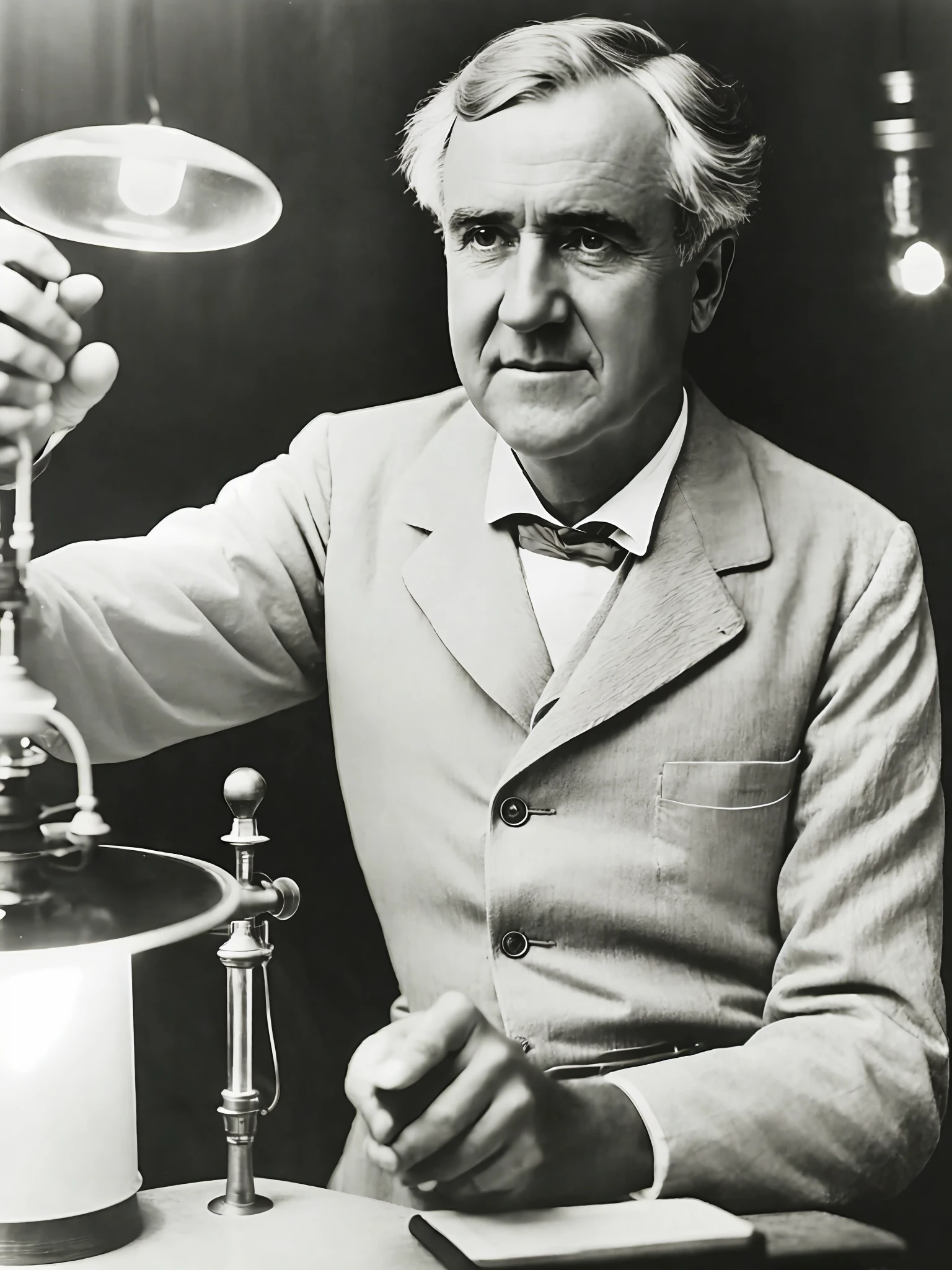トーマス・エジソンの写真, 灯ったランプを手に持つ, カメラを見つめる, 肖像画, 研究室で, 超リアル, 非常に詳細な