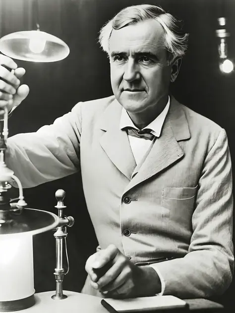 photo of Thomas Edison, holding with his hand a lit lamp, looking at the camera, portrait, in a research laboratory, ultra reali...