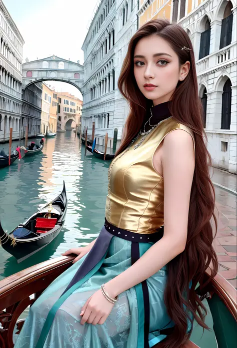 a hyper realistic ultra detailed photograph of a beautiful girl as a female 2020s dancer on the boat of 2020s Venice,(Bridge Of ...