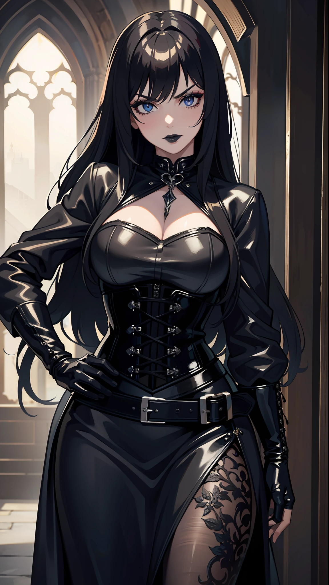 ((Best quality)), ((masterpiece)), (highly detailed:1.3),a woman long hair, bangs, leather corset, black lipstick gloves grotes, gothic scenery, serious look