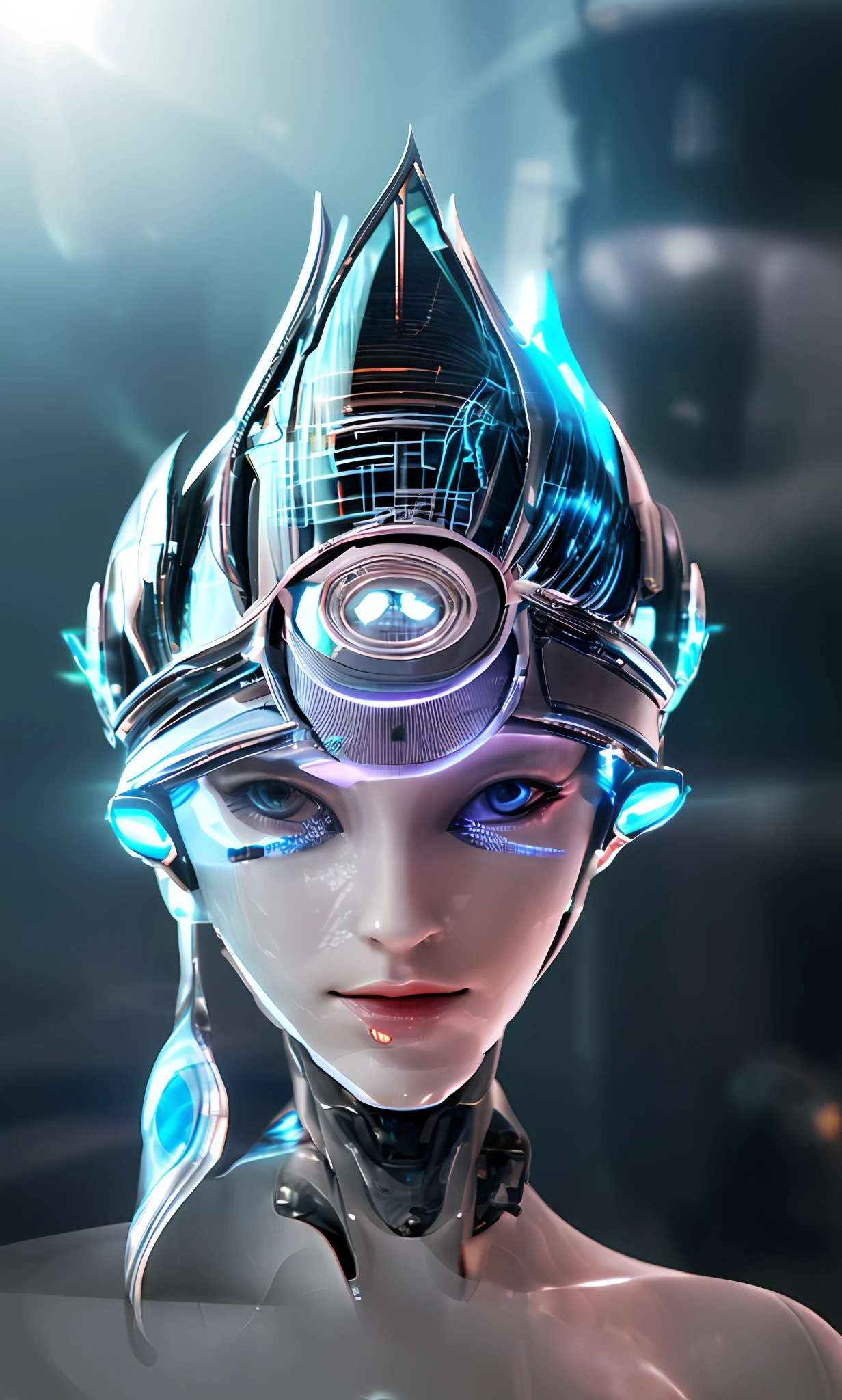 a close up of a woman wearing a futuristic helmet with a futuristic headpiece, cute cyborg girl, portrait beautiful sci - fi girl, beutiful girl cyborg, portrait of a cyborg queen, cyborg - girl, cyborg girl, cybernetic machine female face, attractive sci - fi face, retrofuturistic female android, sci-fi android female