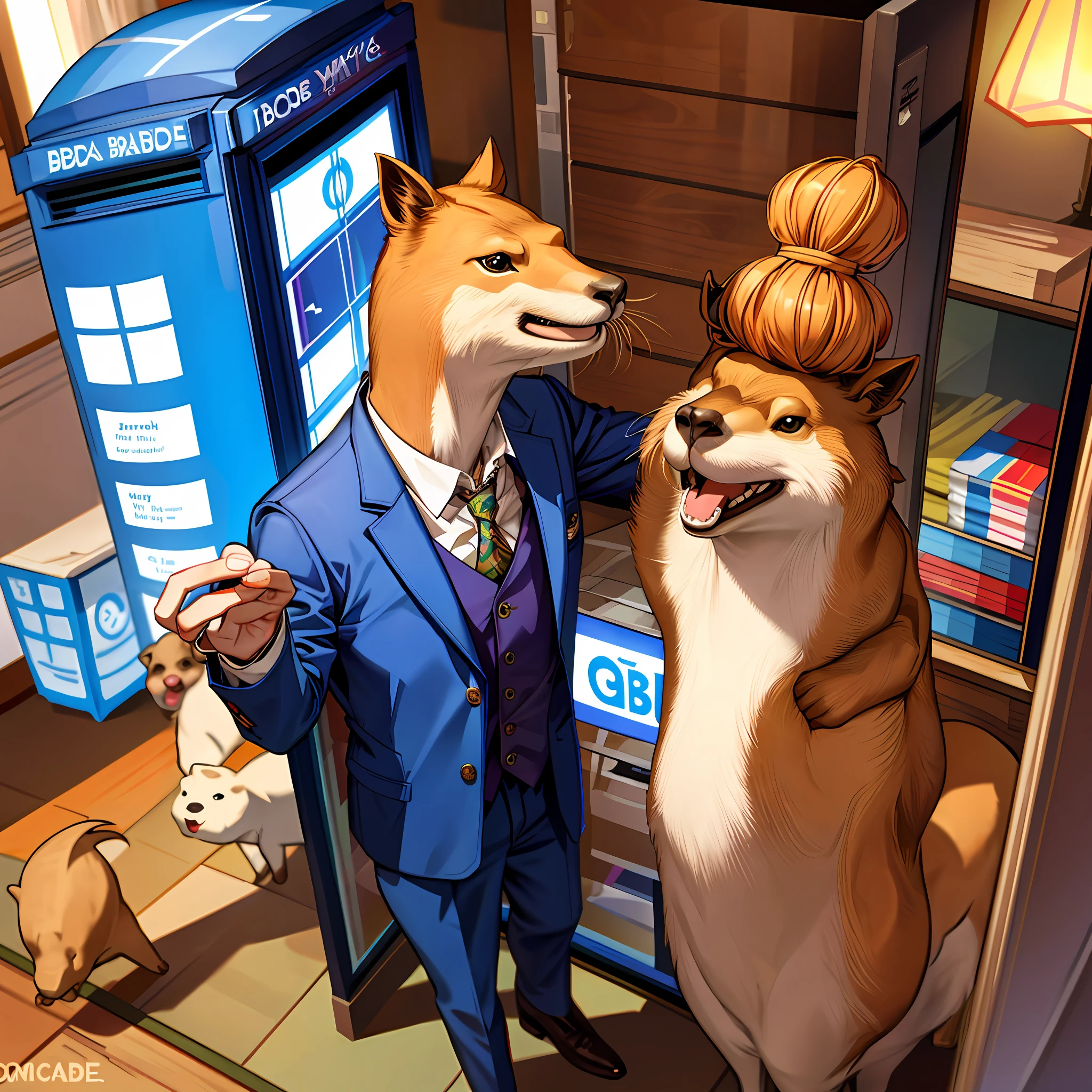 Matt Smith mit dem Kopf eines Capybaras, die Tardis in der Ecke