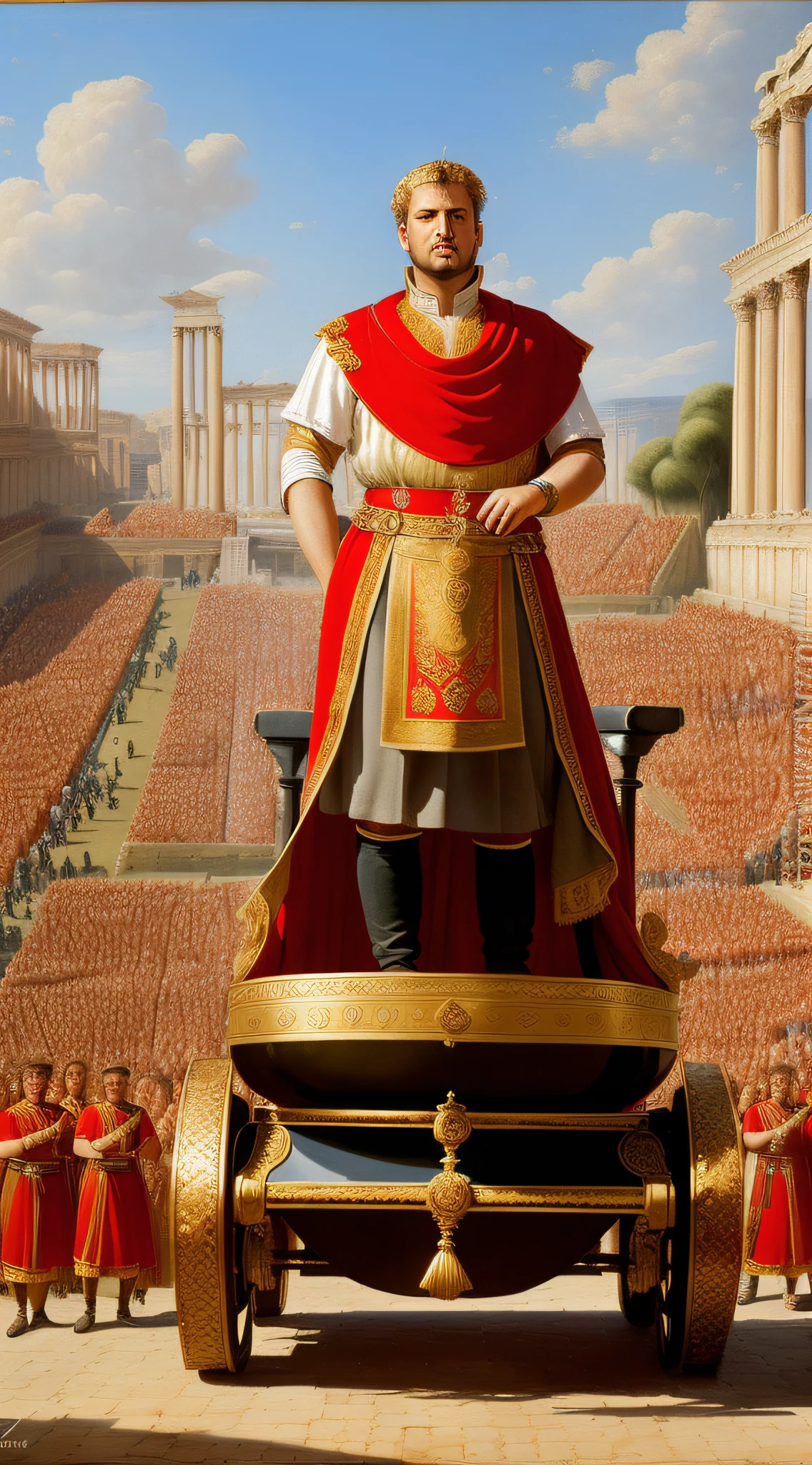 (best quality, high resolution, oil painting, official art:1.2), Emperor Nero, proud and poised, (Imperial Roman attire:1.3), emblazoned tunic, standing on an antique chariot, Roman arena filled with spectators, thunderous applause, the high stakes of the Olympic chariot race, harsh sunlight, intense emotion, dynamic perspective.