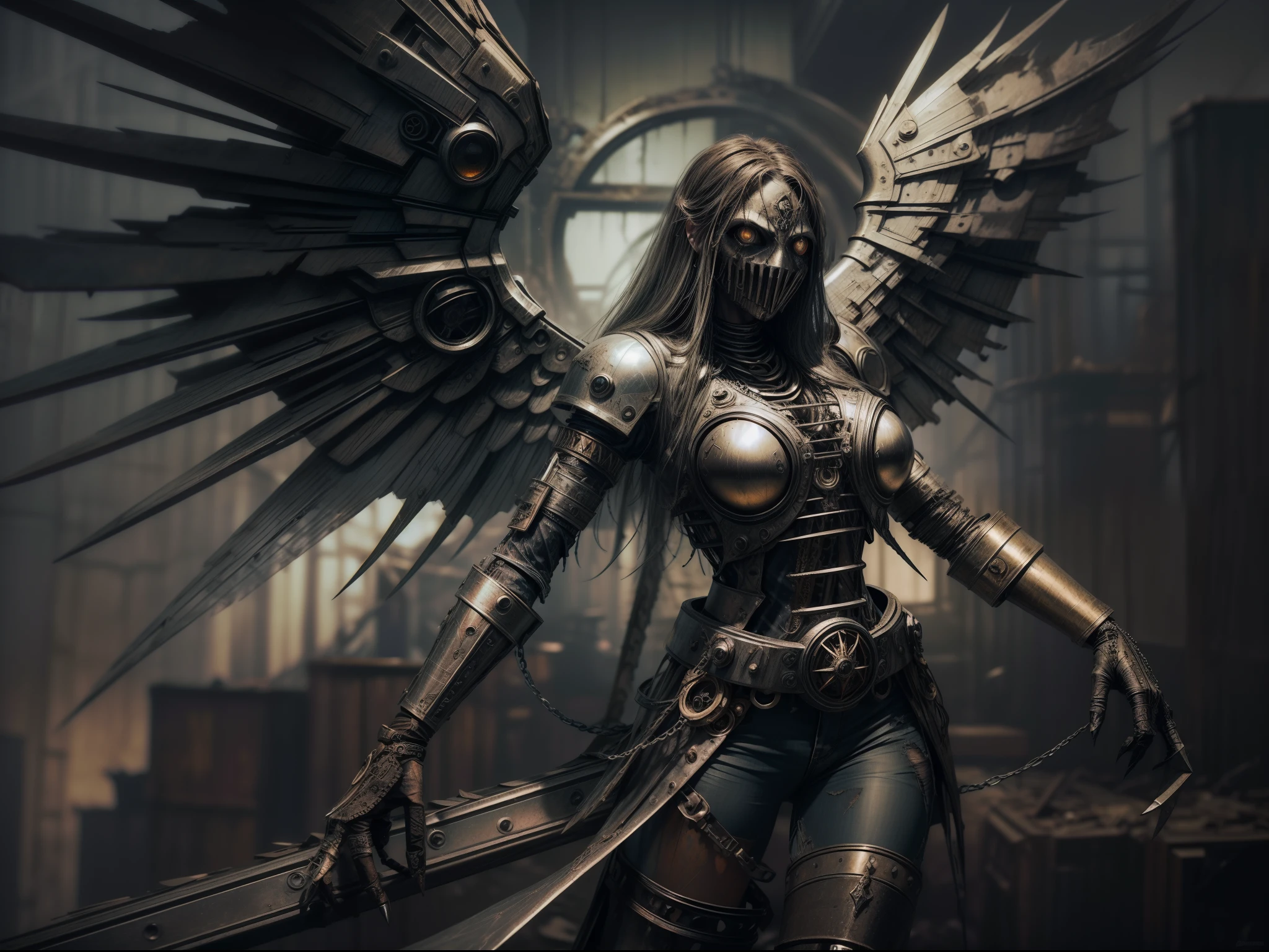 (best quality) grungepunk, scrap metal, an ophanim angel made of metal scraps, (unique and original design), (dynamic pose and angle), (fierce and intimidating expression), (exquisite metal wings), (glowing eyes), (distressed and grungy metal textures), (industrial and gritty atmosphere).