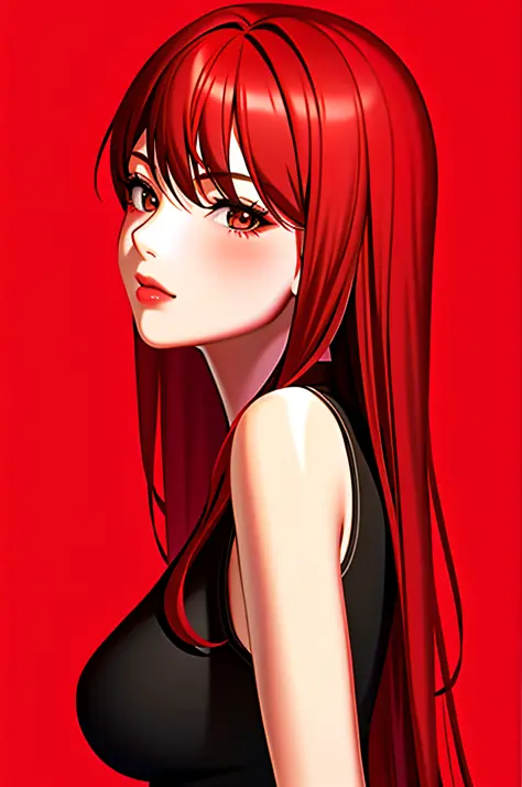 1girl, solo,red theme,looking at viewer,large breasts,portrait,from side,bad-girl,((mature female))